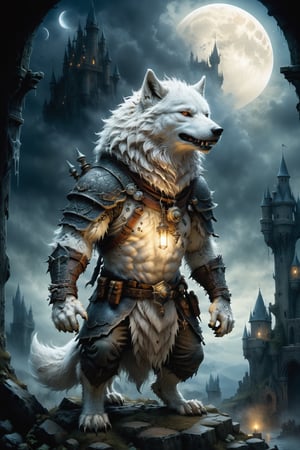 (((Top Quality: 1.4))), (Art by jean baptiste monge),(Unparalleled Masterpiece),(Ultra High Definition),(Ultra-Realistic 8k CG),chiaroscuro,cute white werwolf,king of werwolves massive mascular body, standing,fluffy body , in dark medieval castle,horror , eerie moon light makes gradient of shadows and adds depth to images, (magic mysterious background,highly detailed baclgound, glowing particles, ethereal fog, faint darkness), hype realistic cover photo awesome full color, Cinematic, (hyper detail: 1.2), perfect anatomy,more detail XL,Leonardo Style,,detailmaster2,((over waist image:1.8)),,realistic,monster