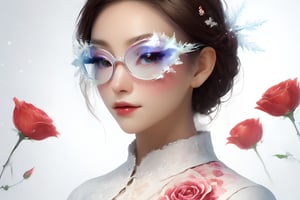 Create a modern-styled portrait of a gentle lady inspired by roses and love, wearing snowflake glasses,utilizing the vibrant color palettes and sleek lines reminiscent of the works by Chinese contemporary artist Zhang Xiaogang.,Enhance,Daughter of Dragon God,Young beauty spirit ,Perfect skin,sfglasees,