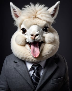 face close up image of anthropomorphic fat (cute baby) white alpaca,(furry), dressed in a dark gray suit, (sticking out tongue:1.5),(happy smile:1.5),(Innocent), roomlighting, Cinematic, hdr, primitive, Intricate, High quality, smoothing tones, Intricate details, Low contrast,(viewed from above:2.0), (looking up viewer:1.8), simple background,comic book
