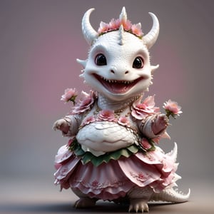 photorealistic portrait of Dressed animals - a fat baby white dragon maid,(dancing pose), high quality,(lovely) ,intricate details, highly detailed pink((princess dress)) ,big smile,highly detailed flower decorations, long tail , (happy ), studio lighting,(half body image:1.5),more detail XL,(viewed from side:2.0),cute dragon