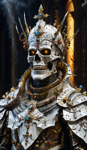(((Top Quality: 1.4))), (Art by Giuseppe Arcimboldo),,(Unparalleled Masterpiece),(Ultra High Definition),(Ultra-Realistic 8k CG),cyborg evil priest , horror, highly detailed embellished white Vestment, highly gold detailed priest's crown , in dark ruins of church,8 life size, eerie white light penetrating makes gradient of shadows and adds depth to images, (magic mysterious background,, glowing particles, ethereal fog, faint darkness), hype realistic cover photo awesome full color, Cinematic, (hyper detail: 1.2),, perfect anatomy,more detail XL,Leonardo Style,cyborg style,detailmaster2,((full body image:1.8)),cyborg