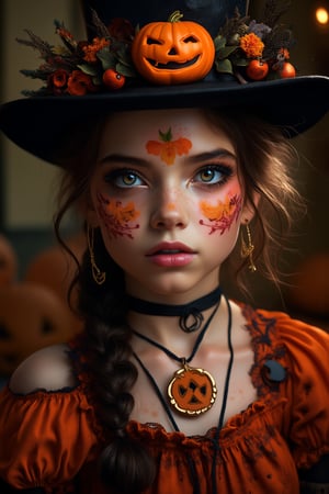 upper body portrait of 18yo cute girl with (Halloween paint on face), in Gothic Haloween costume and hat, (glaring at camera:1.5),(gothic),fractal punk, braid hair, matte painting portrait shot, beautiful girl, pink fair skin, she is dressed in Halloween clothes, Pumpkin motif accessories,necklace and earrings, Halloween atmosphere, heavy makeup,orange theme,score_9, score_8_up, score_7_up, score_6_up, score_5_up, score_4_up,