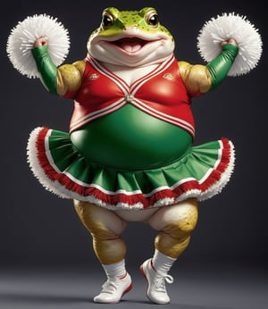 portrait of Dressed animals - a (fat) (baby) toad cheerleader,(cheer dancing:2.0),(jumping:2.0), high quality, (),(happy smile:1.2),(lovely) ,intricate details, highly detailed ((cheer costume)) ,highly detailed cheer clothes, holding pom-pom ,(passion) , highly detailed hair ribbon, (happy), studio lighting,(full body image:1.5)comic book,comic book