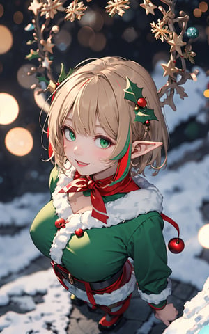 //quality
Masterpiece, ultra detailed, hyper high quality, quality beyond the limits of AI, the ultimate in wisdom, top of the line quality, 8K,
//Character
 elf girl,lovely smile, looking at viewer, large breasts, short hair,light brown pixy hair,streaked hair,multicolored hair,green  eyes, 
//Fashion
 wearing christmas elf's costume, 
//Background,outdoor,snow scenery,christmas decorations, christmas tree,,  shining_sparkle_background,
upper body image , (bokeh:1.3),,1 girl,ChristmasElf,(viewed from above)