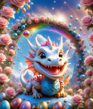 chibi cute dragon smiling charmingly, nestled among roses, gifts and golden seeds, framed by a verdant lawn dotted with Easter eggs, against a backdrop of blue skies and rainbow arches with floating soap bubbles, in a charmingly pose, photographed by Miki Asai with macro lens precision, trending on ArtStation with Greg Rutkowski's detailed fantasy style in 9k resolution, sharp focus aperture F 1.5, intricate details, setting studio photography, ultra high,cute dragon