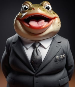 face close up photo of anthropomorphic (fat) baby toad,(tongue), (lovely),dressed in a dark gray suit, (sticking out tongue:1.5),(happy smiling eyes:1.5),(smile:1.2),wearing glasses, soft lighting, Cinematic, hdr, primitive, Intricate, High quality, smoothing tones, Intricate details, Low contrast,(viewed from side:2.0), (looking at viewer:1.5), simple background,comic book