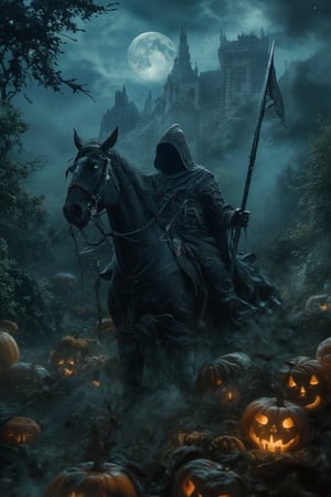 A majestic shot unfolds: a phantom astride a horse, grasping sword and lance, clad in medieval armor. The pumpkins' eerie glow illuminates the scene as an ancient castle looms in the distance. The full moon casts an ethereal light, while the dark forest surrounds them with mystery.