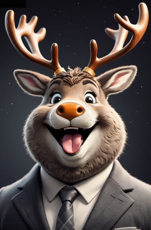 face close up illustration of anthropomorphic (fat)baby reindeer ,(tongue)(furry), (lovely),dressed in a dark gray suit, (sticking out tongue:1.5),(happy smiling eyes:1.5),(smile:1.2),, soft lighting, Cinematic, hdr, primitive, Intricate, High quality, smoothing tones, Intricate details, Low contrast,(), (looking at viewer:1.5), simple background,comic book