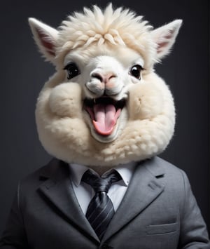 face close up image of anthropomorphic fat (cute baby) white alpaca,(furry), dressed in a dark gray suit, (sticking out tongue:1.5),(happy smile:1.5),(Innocent), roomlighting, Cinematic, hdr, primitive, Intricate, High quality, smoothing tones,, Low contrast,(viewed from above:2.0), (looking up viewer:1.8), simple background,comic book