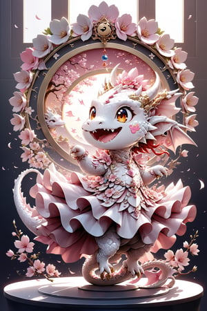  portrait of cute dragon,(dancing pose), high quality,() ,intricate details, highly detailed dress ,smile,highly detailed flower decorations, long tail , (wind effect), cherry_blossom background,sun light,(full body image:1.5),more detail XL,,cute dragon,sticker