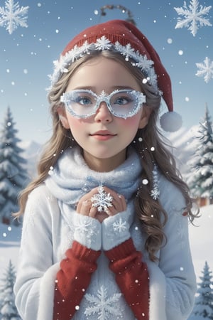 
In this Christmas scene, a petite girl stands alone in the snowy landscape. She wears a red Christmas hat, and her long hair dances in the chilly breeze.wearing snowflake glasses, Wrapped in a deep red wool sweater, her scarf is adorned with delicate snowflake patterns.

The cold air tinges her cheeks with a slight rosy hue, while her eyes sparkle with warm anticipation. The slightly upturned face reveals a hope for the Christmas miracle. Snowflakes create a silver crown on her hair, as if crafting an ice and snow tiara for her.

Though her hands are not visible from behind, her posture exudes tranquility and expectation. Surrounding her is a silver-clad snowy scene, with a Christmas tree adorned with dazzling lights and gifts. The entire scene emanates warmth and joy, as if the magic of Christmas is about to unfold around her.,snowflake glasses