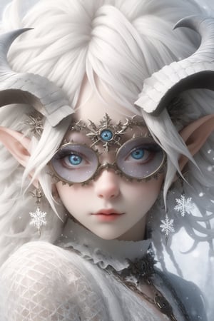 1 girl, (masterful), albino demon girl with lethargic sleepy smokey eyes,(white dreadlocks hair),((slit pupil eyes)),mesh fishnet blouse, (long intricate horns:1.2) ,wearing snowflake glasses,
best quality, highest quality, extremely detailed CG unity 8k wallpaper, detailed and intricate, 
,steampunk style,Glass Elements,snowflake glasses