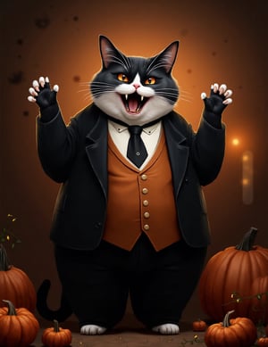 photorealistic portrait of Dressed animals - a ((fat)) (Cheshire cat) Halloween vampire,(Art by Cane Griffith),(black and orange theme),(cute),(open mouth:1.2), (big smile:1.5),(vampire's fangs:1.5),(arms up:1.5), high quality,(lovely) ,intricate detailed Halloween motif accessories, highly detailed ((Halloween vampire tuxedo with mant)) ,highly detailed Halloween vampire tuxedo with tie, (horror), (), soft lighting,(full body image:1.5),Halloween ornaments background, in Halloween room ,score_9, score_8_up, score_7_up, score_6_up, score_5_up, score_4_up,