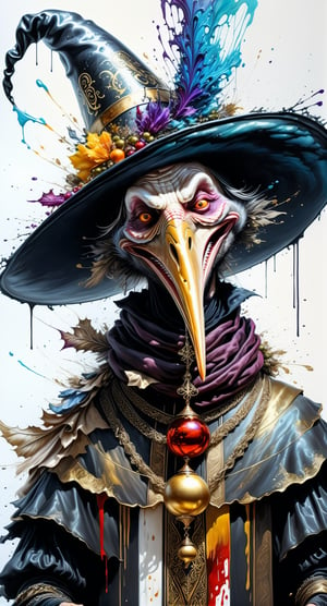 Ultra-Wide angle shot, photorealistic of gothic medieval of  stylish (turkye) character wearing pilgrim outfits,turkey,(long neck), large beak,(whole body), (laughing),art by Carne Griffiths,thanksgiving atmothphere,ornaments of thanksgiving, merged visuals, evocative storytelling, creative blending, seeBlack ink flow: 8k resolution photorealistic masterpiece:  intricately detailed fluid gouache painting: calligraphy: acrylic: colorful watercolor art, cinematic lighting, maximalist photoillustration: by marton bobzert: 8k resolution concept art intricately detailed, complex, elegant, expansive, fantastical, psychedelic realism, dripping paint,,DonML1quidG0ldXL ,Digital painting ,PEOPShockedFace