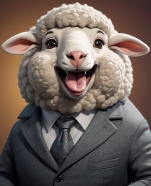 face close up image of anthropomorphic sheep,(tongue), furry,dressed in a dark gray suit, (sticking out tongue:1.5),(happy smile),(:1.2), soft lighting, Cinematic, hdr, primitive, Intricate, High quality, smoothing tones, Intricate details, Low contrast,), (looking up to viewer), simple background,comic book