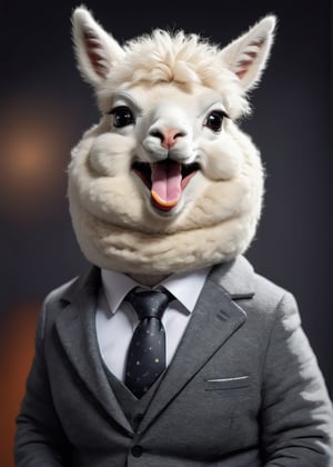 face close up image of anthropomorphic [fat] cute white alpaca,(furry), dressed in a dark gray suit, (sticking out tongue:1.5),(happy smile:1.5),(tender look:1.5), roomlighting, Cinematic, hdr, primitive, Intricate, High quality, smoothing tones, Intricate details, Low contrast,(viewed from side:2.0), (looking at viewer:1.2), simple background,comic book
