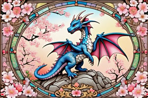 Happy, image of cute dragon,intricate details,cherry blossom background,
 blessed, welcoming , cute, adorable, vintage, art on a cracked paper, fairytale, patchwork, stained glass, storybook detailed illustration, cinematic, ultra highly detailed, tiny details, beautiful details, mystical, luminism, vibrant colors, complex background,,cute dragon