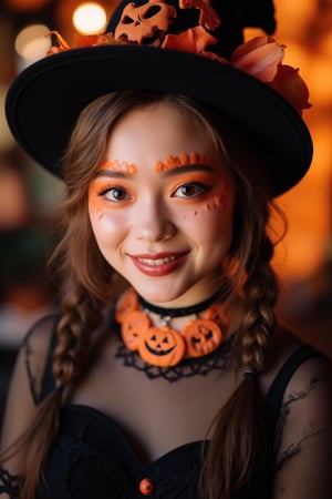 upper body portrait of beautiful girl with ( pop Halloween  paint on face), (Halloween atmosphere),in Gothic Haloween costume and hat, (happy smile),(gothic),fractal punk, braid hair, matte painting portrait shot, beautiful girl, pink fair skin, she is dressed in Halloween clothes, Pumpkin motif accessories,necklace and earrings, Halloween atmosphere, heavy makeup,orange theme,score_9, score_8_up, score_7_up, score_6_up, score_5_up, score_4_up,reversal film photography