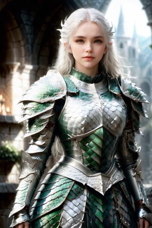 European style, fantasy, solo, cute girl, wearing dragon armor, white & silver long hair, faithing,, ruins,(upper body image:1.5) , (masterpiece), (best quality), (ultra-detailed), (an extremely delicate and beautiful), ((textile shading)), (caustics), (((sharp focus))),dragon armor