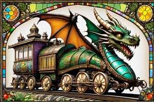 Happy, image of dragon train,intricate details,
 blessed, welcoming , cute, adorable, vintage, art on a cracked paper, fairytale, patchwork, stained glass, storybook detailed illustration, cinematic, ultra highly detailed, tiny details, beautiful details, mystical, luminism, vibrant colors, complex background,dragon train