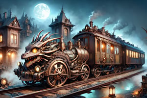 night time,realistic photo of dragon train,a steampunk style,(masterpiece),(best quality),wheels, dragon train on railroads ,steam ,moon night,perfect lighting, post-apocalyptic world,steampunk station background,buildings background,wide angle:1.5,dragon train,ste4mpunk city background,donmcr33pyn1ghtm4r3xl  
