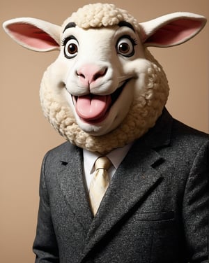  face close up image of anthropomorphic fat sheep,(furry), dressed in a dark gray suit, (sticking out tongue:1.5),(happy smile:1.5),( ), roomlighting, Cinematic, hdr, primitive, Intricate, High quality, smoothing tones, Intricate details, Low contrast,(viewed from side above:2.0), (looking up to the side:1.8), simple background,comic book