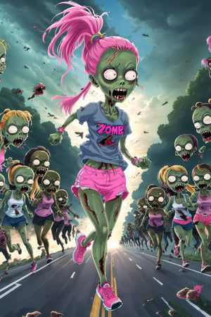   running girl, Gray Track Top, pink shorts, ponytail,(many zombies are following her,
outdoors, detailed highway background, Modern metropolis,