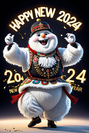 photorealistic portrait of Dressed animals - a fat baby abominable Snowman cossack dancer,(cossack dancing dynamic action pose), high quality,(lovely) ,intricate details, highly detailed ((cossack dance costume)) ,highly detailed decorations,, (happy), studio lighting,(full body image:1.5),AiArtV,(text that says "Happy New Year 2024":2.0)