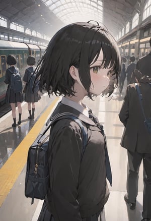 black border,  dynamic angle, masterpiece, best quality, 1girl, solo focus ,school uniform, black hair, upper body,  short hair, serafuku, train station, school bag, crowd,  depth of field