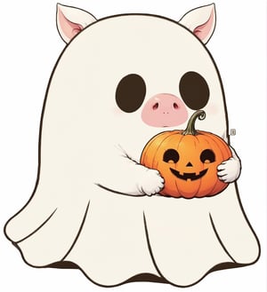 realistic illustration of  ghost, high quality,(cute) ,(),intricate detailed ghost, ,pig ears , pig nose,,holding pumpkin,Halloween atmosphere, simple  white background,score_9, score_8_up, score_7_up, score_6_up, score_5_up, score_4_up,comic book