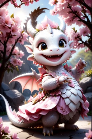  portrait of cute dragon,(dancing pose), high quality,() ,intricate details, highly detailed dress ,smile,highly detailed flower decorations, long tail , (wind effect), cherry_blossom background,sun light,perfect lighting,(full body image:1.5),more detail XL,,cute dragon,sticker,ULTIMATE LOGO MAKER [XL],disney pixar style