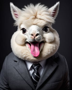face close up image of anthropomorphic fat (cute baby) white alpaca,(furry), dressed in a dark gray suit, (sticking out pink tongue:1.5),(happy smile:1.5),(Innocent), roomlighting, Cinematic, hdr, primitive, Intricate, High quality, smoothing tones, Intricate details, Low contrast,(viewed from above:2.0), (looking up viewer:1.8), simple background,comic book