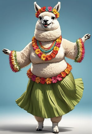  portrait of Dressed animals - a ((fat)) alpaca hula dancer,(hula dancing:2.0), (swinging arms :2.0),(happy smile:1.2),high quality,(happy),(lovely) ,intricate details, (furry), highly detailed ((female hula dance costume)) ,highly detailed decorations, wearing (bikini) aloha shirts and flower lei , (happy), studio lighting,(full body image:1.5),simple background,(viewed from side:2.0),(perfect hands)comic book