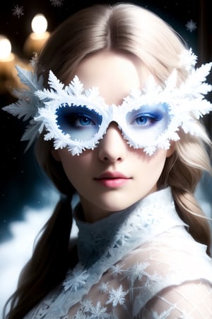 Generate hyper realistic image of a mysterious beauty portrait with the woman adorned in a snowflake glasses. Experiment with shadows and moonlight to enhance the allure and mystique of the masquerade theme.,sfglasses