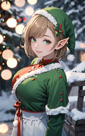//quality
Masterpiece, ultra detailed, hyper high quality, quality beyond the limits of AI, the ultimate in wisdom, top of the line quality, 8K,
//Character
 elf girl,lovely smile, looking at viewer, large breasts, short hair,light brown pixy hair,streaked hair,green  eyes, 
//Fashion
 wearing christmas elf's costume, 
//Background,outdoor,snow scenery,christmas decorations, christmas tree,,  shining_sparkle_background,
upper body image , (bokeh:1.3),,1 girl,ChristmasElf,viewed from above