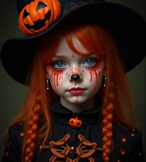 half body portrait of 10yo pretty girl with Halloween heavy paint on face, in Gothic Haloween costume and hat,higly detailed skin texture ,(looking at camera:1.5),(gothic),fractal punk, orange braid hair, matte painting portrait shot, beautiful girl, pink fair skin, she is dressed in Halloween clothes, Pumpkin motif accessories,necklace and earrings, Halloween atmosphere, heavy makeup,orange theme,score_9, score_8_up, score_7_up, score_6_up, score_5_up, score_4_up,