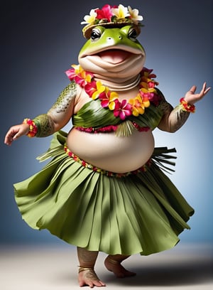 portrait of Dressed animals - a ((fat)) toad hula dancer,(hula dancing:2.0), (dancing pose:1.5),high quality,(happy),(lovely),(perfect hands), ,intricate details, highly detailed ((female hula dance costume)) ,highly detailed decorations, wearing flower lei and bikini, (happy), studio lighting,(full body image:1.5),simple background,(:1.5)(perfect hands:1.5),comic book