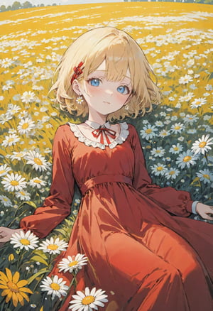 best quality, ultra-detailed, illustration, 1girl lying,  in a field of flowers, red dress, white flower,  earrings, looking at viewer, blue eyes, red ribbon, necklace, long sleeves, blonde hair, short hair, daisy