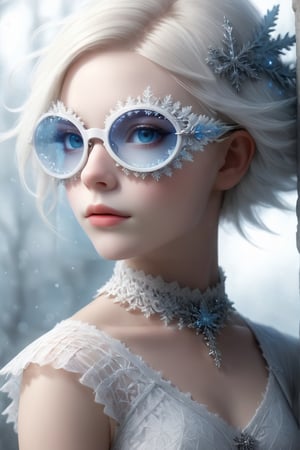 ((Bokeh:1.5)),((Soft focus:1.5)),(Fog),((blur)),,
The Childlike Empress,stunning beautiful young albino girl,14 yers old,alabaster skin,very short brown  hair,wearing sfglasses,((Slicked back hair)),(head chain with jewelry stone),((viewed from side:1.5)),
girl has Beautiful blue eyes, soft expression, Depth and Dimension in the Pupils, She wears white delicate fractal pattern lace dress, , creating a sense of movement and depth.
p3rfect boobs,3d toon style,sfglasses,