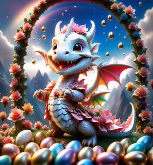 chibi cute dragon smiling charmingly, nestled among roses, gifts and golden seeds, framed by a verdant lawn dotted with Easter eggs, against a backdrop of blue skies and rainbow arches with floating soap bubbles, in a charmingly pose, photographed by Miki Asai with macro lens precision, trending on ArtStation with Greg Rutkowski's detailed fantasy style in 9k resolution, sharp focus aperture F 1.5, intricate details, setting studio photography, ultra high,cute dragon