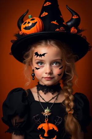 upper body portrait of 10yo cute girl with ( pop paint on face), (Halloween atmosphere),in Gothic Haloween costume and hat, (glaring at camera:1.5),(gothic),fractal punk, braid hair, matte painting portrait shot, beautiful girl, pink fair skin, she is dressed in Halloween clothes, Pumpkin motif accessories,necklace and earrings, Halloween atmosphere, heavy makeup,orange theme,score_9, score_8_up, score_7_up, score_6_up, score_5_up, score_4_up,