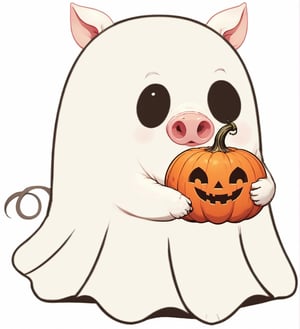 realistic illustration of  ghost, high quality,(cute) ,(),intricate detailed ghost, ,pig ears , pig nose,pig tail,holding pumpkin,Halloween atmosphere, simple  white background,score_9, score_8_up, score_7_up, score_6_up, score_5_up, score_4_up,comic book