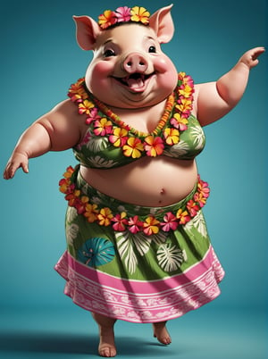 portrait of Dressed animals - a ((fat)) baby pig hula dancer,(hula dancing:2.0), (swinging arms :2.0),(happy smile:1.2),high quality,(happy),(lovely) ,intricate details, (), highly detailed ((female hula dancer's costume)) ,highly detailed decorations, wearing ((aloha shirt)) and flower lei , (happy), studio lighting,(full body image:1.5),simple background,(viewed from side:2.0),comic book