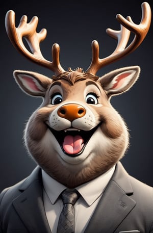 face close up illustration of anthropomorphic (fat)baby reindeer ,(tongue)(furry), (lovely),dressed in a dark gray suit, (sticking out tongue:1.5),(happy smiling eyes:1.5),(smile:1.2),, soft lighting, Cinematic, hdr, primitive, Intricate, High quality, smoothing tones, Intricate details, Low contrast,(), (looking at viewer:1.5), simple background,comic book