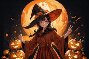   absurdres, highres, ultra detailed, (1girl:1.3), kawaiiBREAK  ,,(carries Jack o'lanterns ),(( orange witch's big hat and orange intricate robe)), shining eyes , twin_braid , black hair , little girl, 10 years old,(lovely smile),happy Halloween atmosphere, fluid textures,,moonlight,intricate details, 32k digital painting, hyperrealism, (vivid color,abstract background:1.3, colorful:1.3, flowers:1.2, pumpkins:1.1,zentangle:1.2, fractal art:1.1) , parted bangs, SUPER HIGH quality, in 8K , intricate detail, ultra-detailed,(action pose:1.5),(upper body image:1.5),realhands