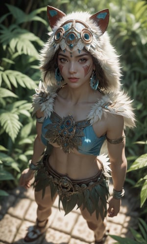 fashion photography portrait of 1girl, princess mononoke,(wearing (princess mononoke coscume)),standing,face paint,muscular body,slim abs,in blue lush jungle with flowers , 3d render, cgi, symetrical, octane render, 35mm, bokeh, 9:16, (intricate details:1.12), hdr, (intricate details, hyperdetailed:1.15), (natural skin texture, hyperrealism, soft light, sharp:1.2),(full body image:1.5),realistic,realism,photorealistic,Masterpiece,nargacuga armor,Realism,More Detail,princessmononoke,character,1 girl,(viewed from above:1.15),