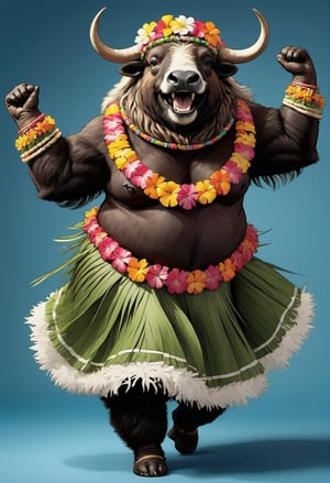  portrait of Dressed animals - a ((fat)) baby cute musk ox hula dancer,(hula dancing:2.0), (swinging arms :2.0),(happy smile:2.0),high quality,(happy),(lovely) ,intricate details, (furry), highly detailed ((female hula dance costume)) ,highly detailed decorations, wearing (bikini) aloha shirts and flower lei , (happy), studio lighting,(full body image:1.5),simple background,(viewed from side:2.0),(perfect hands)comic book,comic book