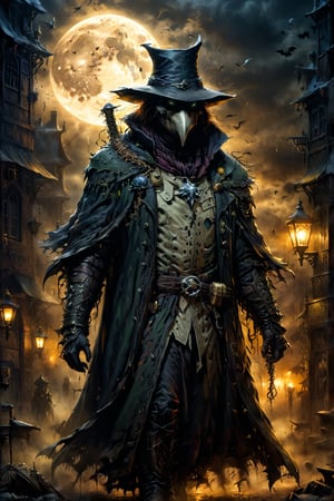 (((Top Quality: 1.4))), (Art by Todd McFarlane and Greg Capullo),Spawn comic style,(Unparalleled Masterpiece),(Ultra High Definition),(Ultra-Realistic 8k CG),chiaroscuro,Plague Doctor,detailed Plague Doctor's clothes ,wearing plague doctor's mask and hat , in dark medieval street,creepy atmosphere, eerie moon light penetrating makes gradient of shadows and adds depth to images, (magic mysterious background,highly detailed baclgound, glowing particles, ethereal fog, faint darkness), hype realistic cover photo awesome full color, Cinematic, (hyper detail: 1.2), perfect anatomy,more detail XL,Leonardo Style,,detailmaster2,((over waist image:1.8)),oil painting