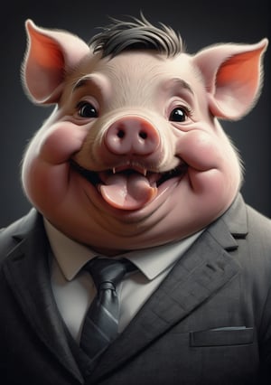 face close up illustration of anthropomorphic (fat)baby pig ,(furry), (lovely),dressed in a dark gray suit, (sticking out tongue:1.5),(happy smiling eyes:1.5),(smile:1.2),wearing glasses, soft lighting, Cinematic, hdr, primitive, Intricate, High quality, smoothing tones, Intricate details, Low contrast,(viewed from side:2.0), (looking at viewer:1.5), simple background,comic book