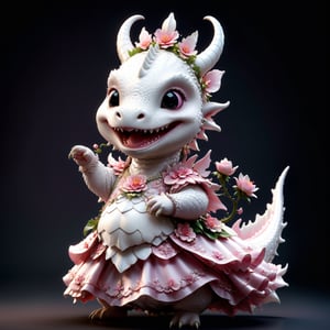 photorealistic portrait of Dressed animals - a fat baby white dragon maid,(dancing pose), high quality,(lovely) ,intricate details, highly detailed pink((princess dress)) ,smile,highly detailed flower decorations, long tail , (happy ), studio lighting,(half body image:1.5),more detail XL,(viewed from side:2.0),cute dragon